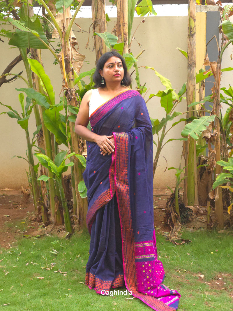 Neelanjana – Midnight Blue Handloom Pure Cotton Saree with Magenta Accents