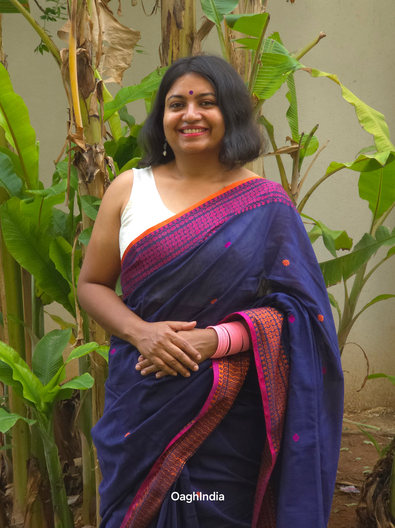 Neelanjana – Midnight Blue Handloom Pure Cotton Saree with Magenta Accents