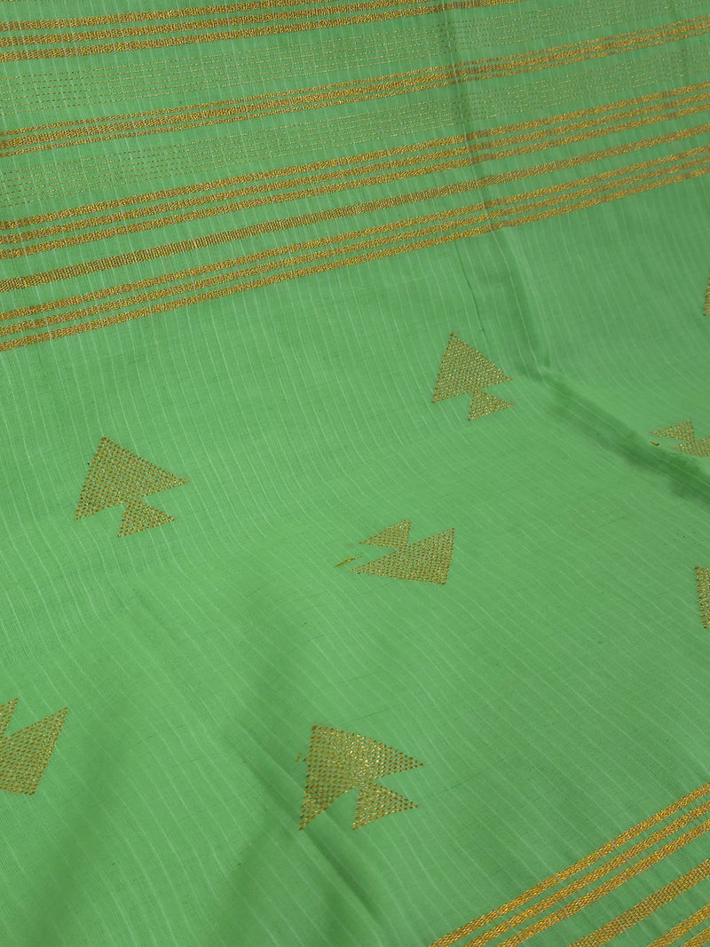 Pavana – Mint Green Cotton Saree with Copper Zari Fish Motifs and Striped Pallu