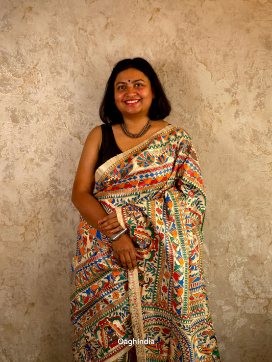 Bhoomija : Pure Silk Hand Painted Madhubani Art Saree (Silk Mark)