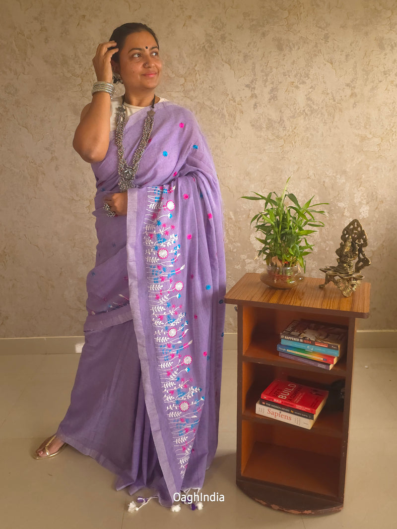 PhoolRani : Soft Cotton flower embroidery saree (Lavender)