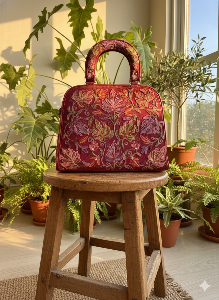 The Phukok Tote - Maroon | Embroidered Velvet Floral Tote