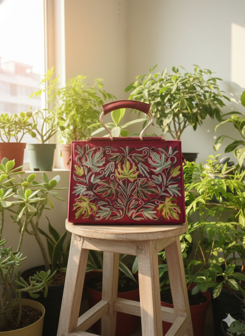 The Phuket Tote - Maroon | Embroidered Velvet Floral Tote
