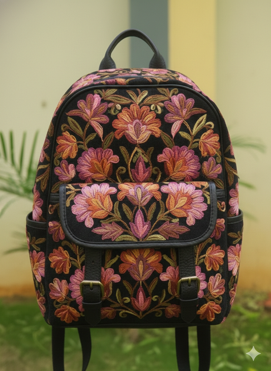 Soni - Kashmiri Backpack – Black | Velvet Floral Embroidered Backpack for Women