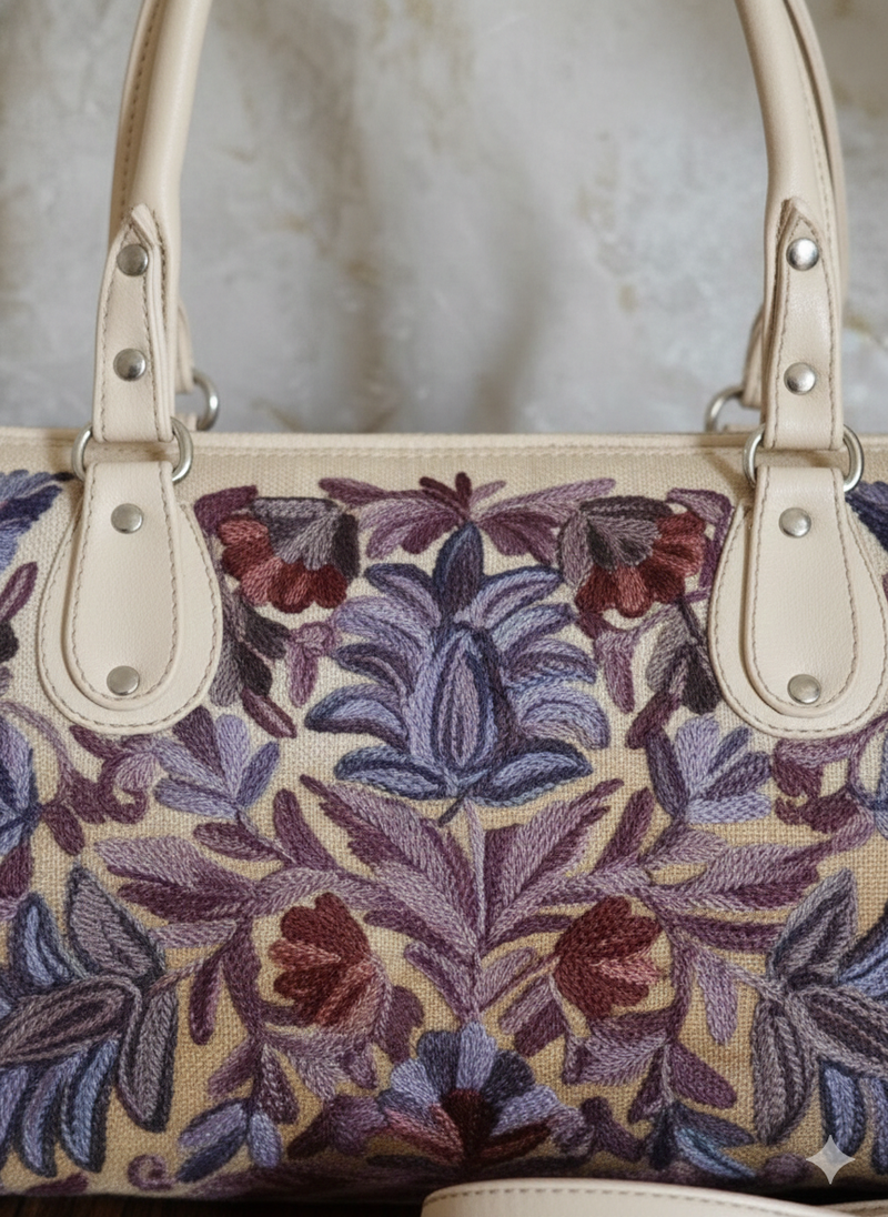Kashmiri Duffel Bag – Off-white | Velvet Floral Duffel Bag for Women