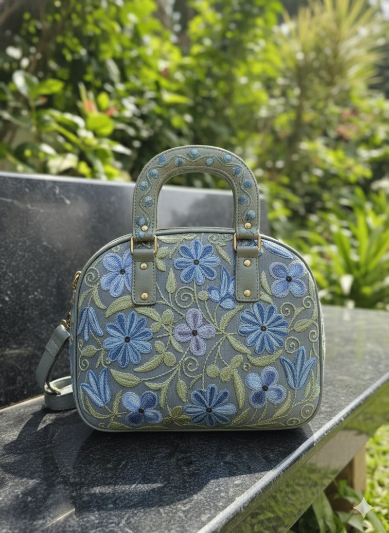 The Malé Travel Bag - Slate Grey | Embroidered Velvet Floral Travel Bag