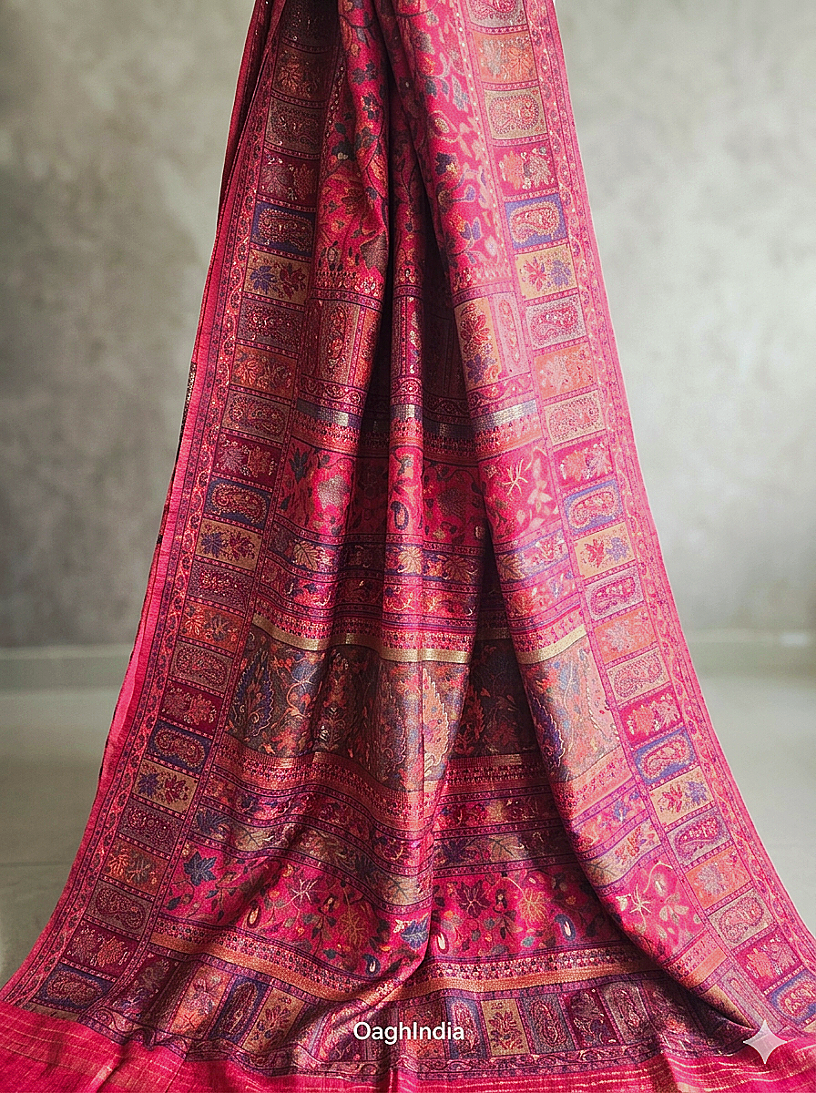 Parijat - Cherry Pink Monochrome : Authentic Kashmiri Saree
