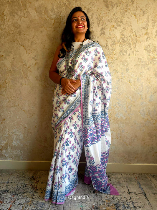 Bosslady - Handblock Sanganeri Print Mul Cotton Saree(White, Blue, Pink)