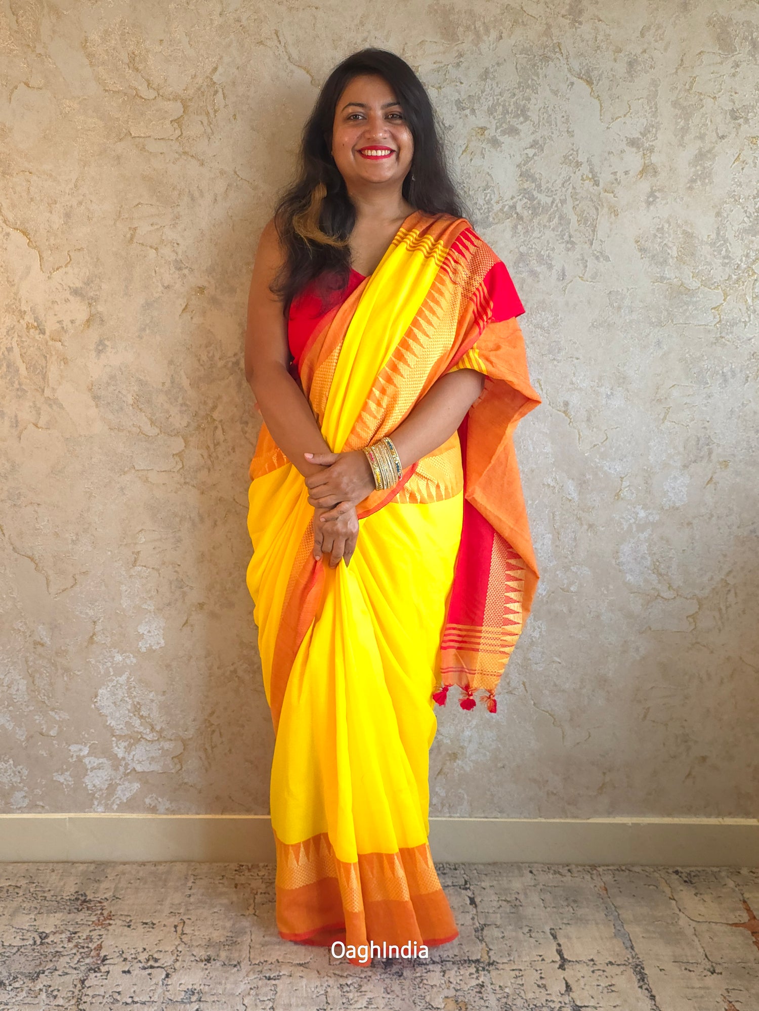 Popsicle : Beautiful Yellow khadi cotton saree with temple border