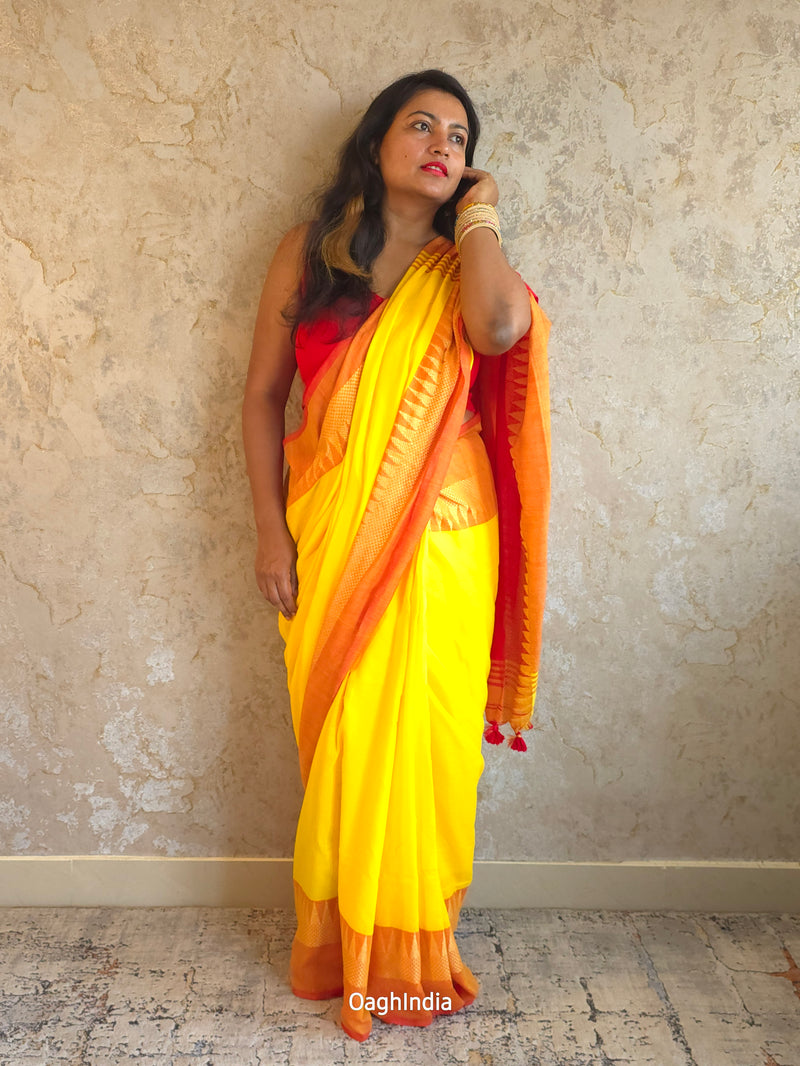 Popsicle : Beautiful Yellow khadi cotton saree with temple border