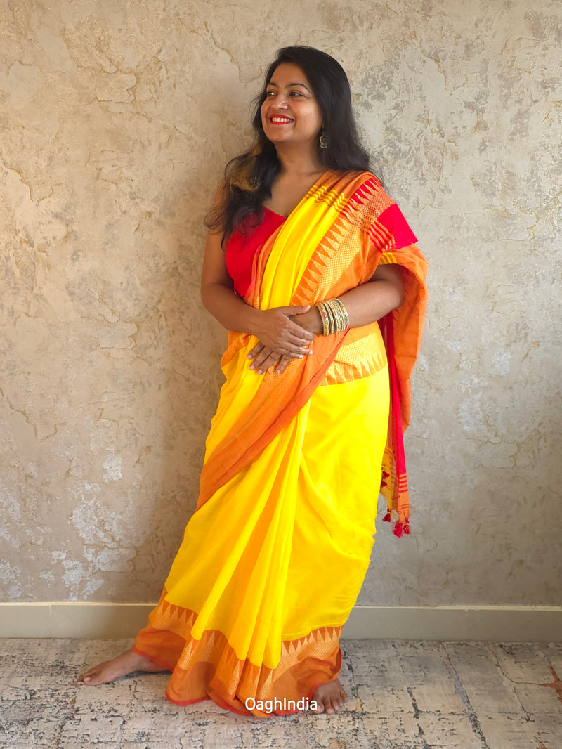 Popsicle : Beautiful Yellow khadi cotton saree with temple border