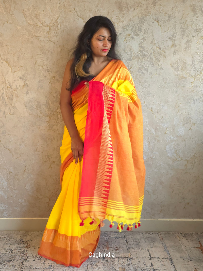 Popsicle : Beautiful Yellow khadi cotton saree with temple border