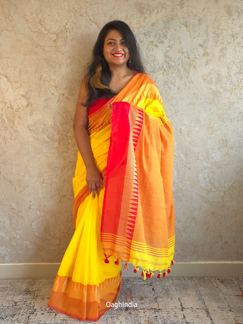 Popsicle : Beautiful Yellow khadi cotton saree with temple border