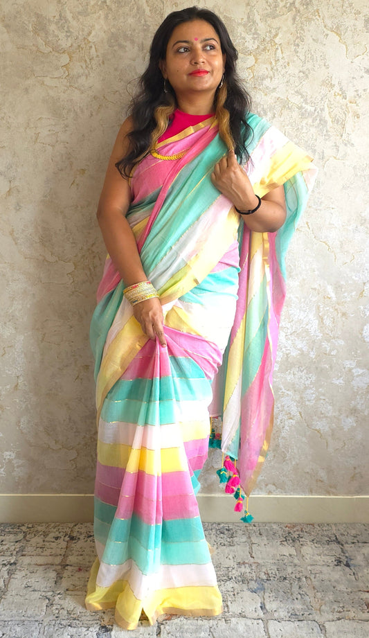 Indreni : Mulcotton handloom rainbow saree