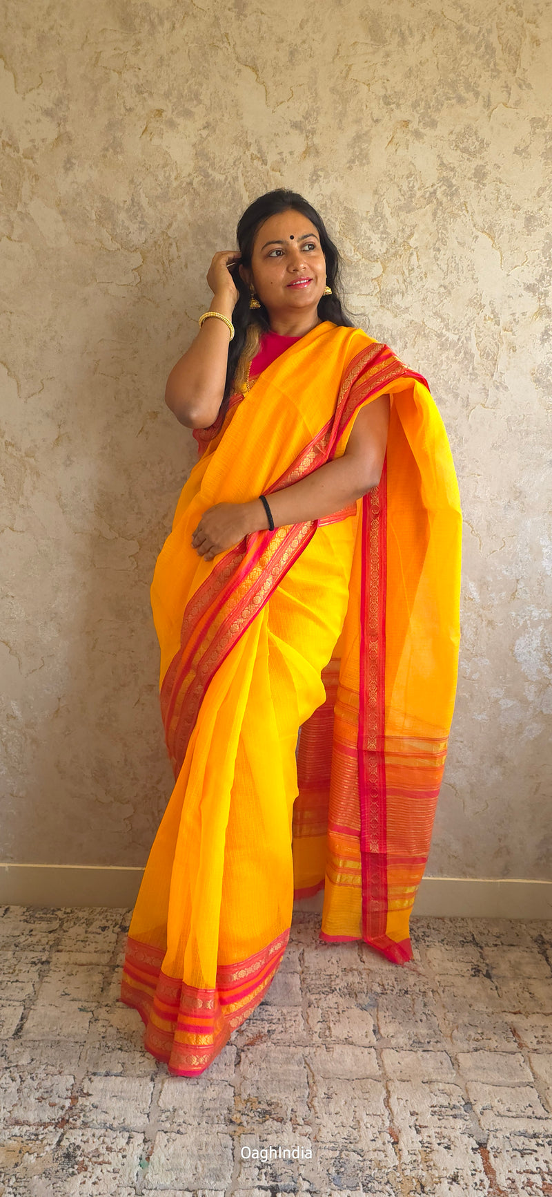 Tamhini: Pure kota doria cotton sarees with exquisite zari chit border (Sun Yellow)