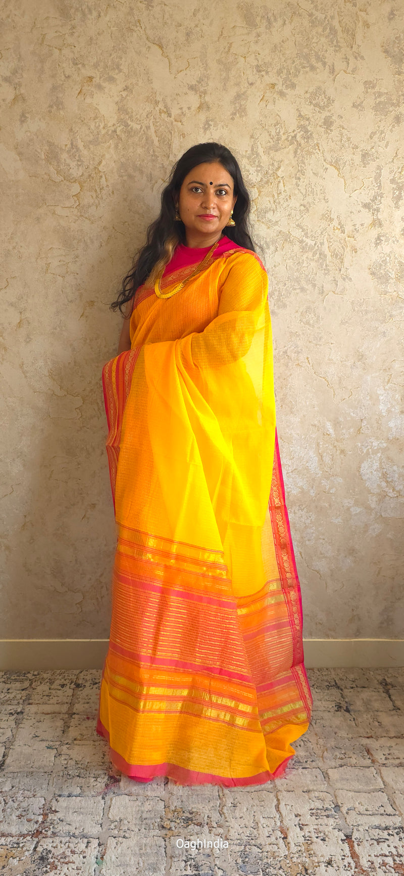 Tamhini: Pure kota doria cotton sarees with exquisite zari chit border (Sun Yellow)