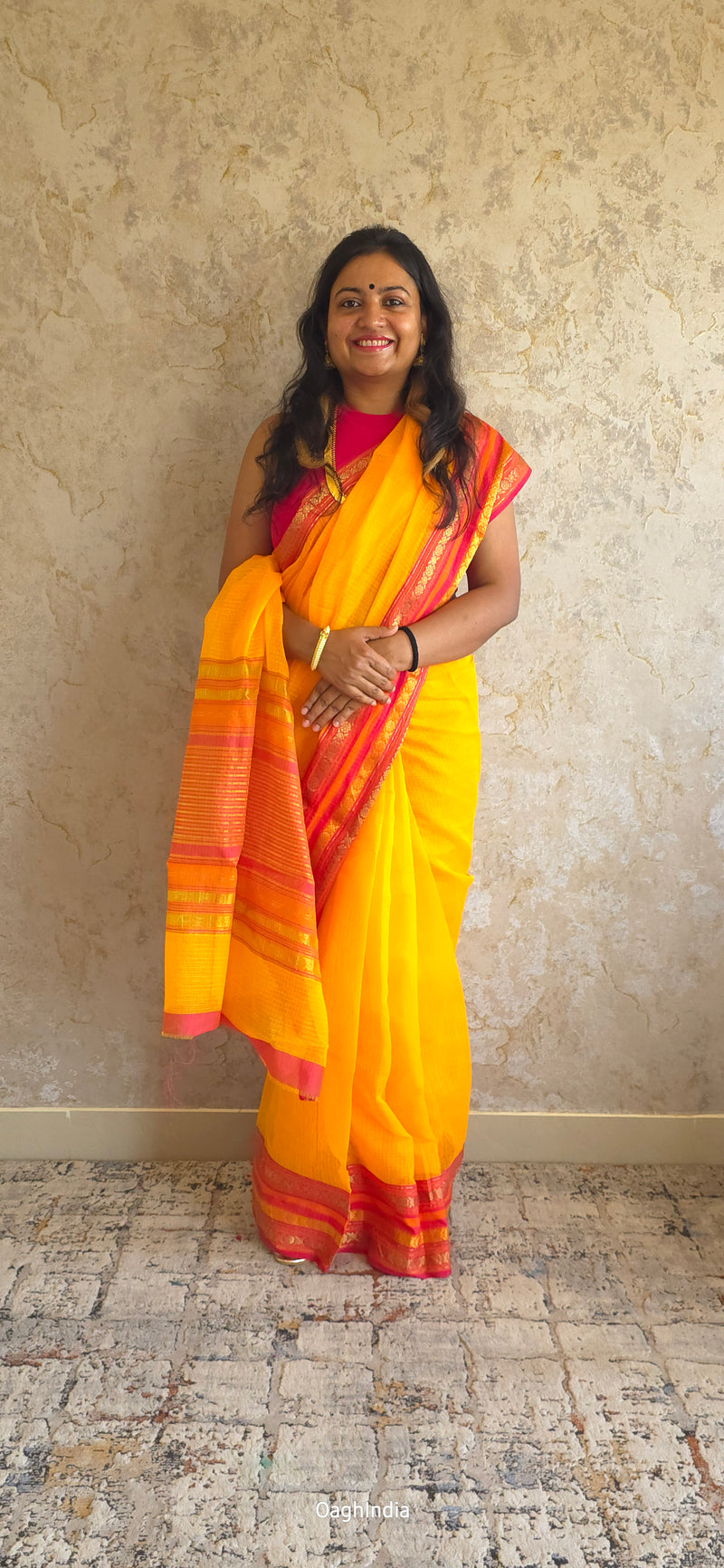 Tamhini: Pure kota doria cotton sarees with exquisite zari chit border (Sun Yellow)