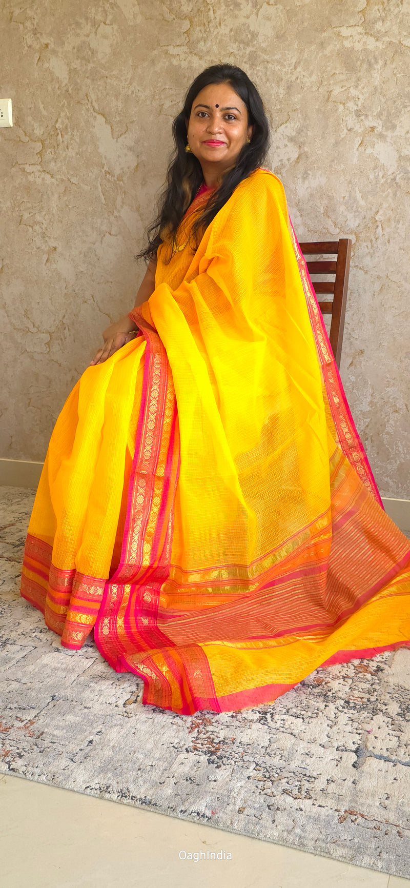 Tamhini: Pure kota doria cotton sarees with exquisite zari chit border (Sun Yellow)