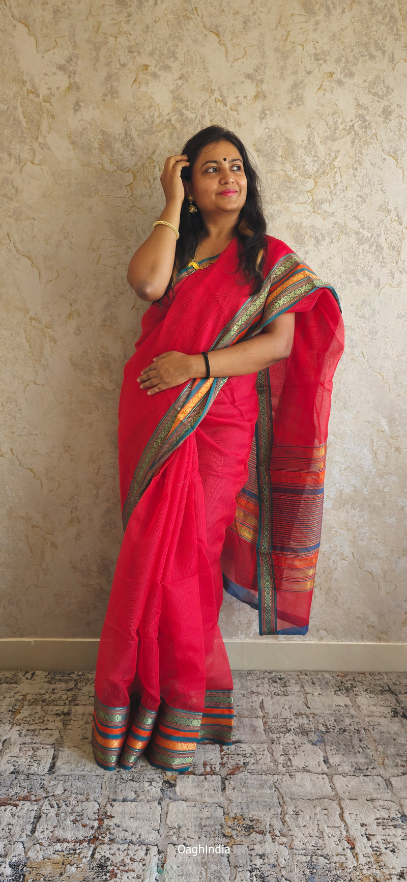 Tamhini: Pure kota doria cotton sarees with exquisite zari chit border ( Dark red )