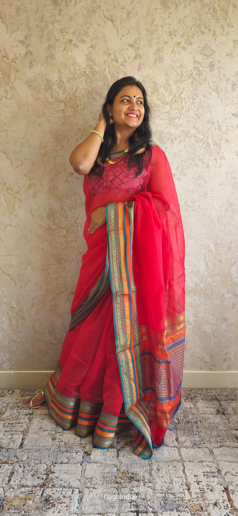 Tamhini: Pure kota doria cotton sarees with exquisite zari chit border ( Dark red )