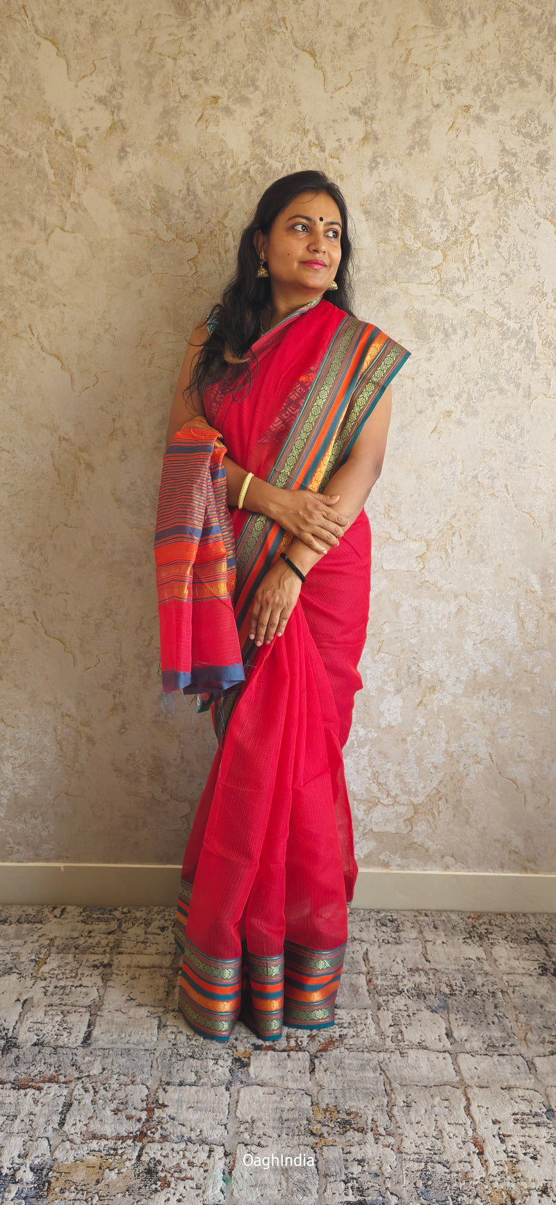 Tamhini: Pure kota doria cotton sarees with exquisite zari chit border ( Dark red )