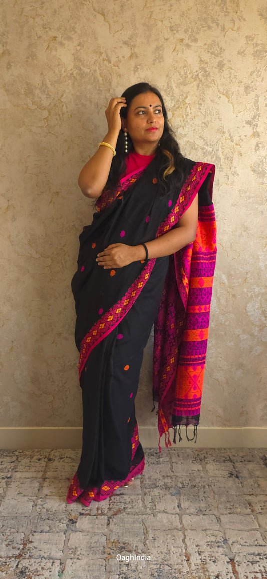 Mekhla Kopah : Pure Assamese handloom on mercerised cotton(Mekhla Chador Inspired) - Black/ Pink / Orange