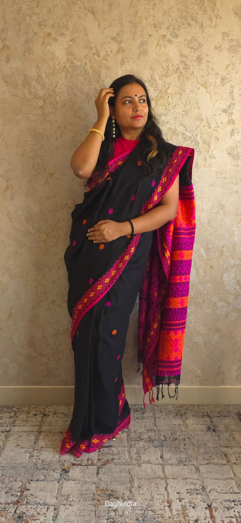 Mekhla Kopah : Pure Assamese handloom on mercerised cotton(Mekhla Chador Inspired) - Black/ Pink / Orange