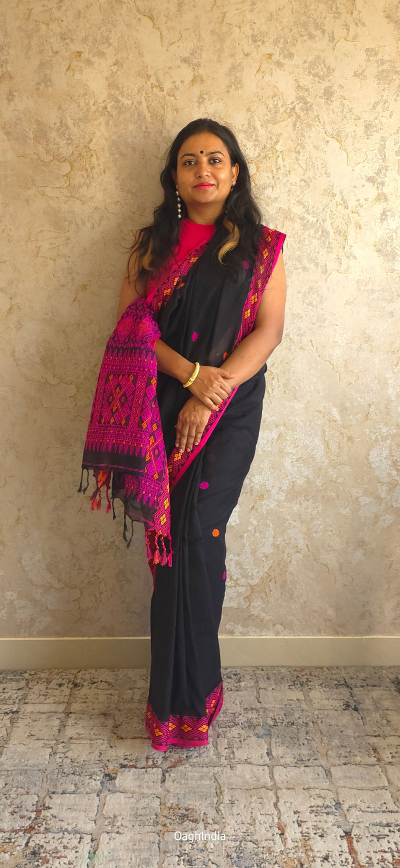 Mekhla Kopah : Pure Assamese handloom on mercerised cotton(Mekhla Chador Inspired) - Black/ Pink / Orange