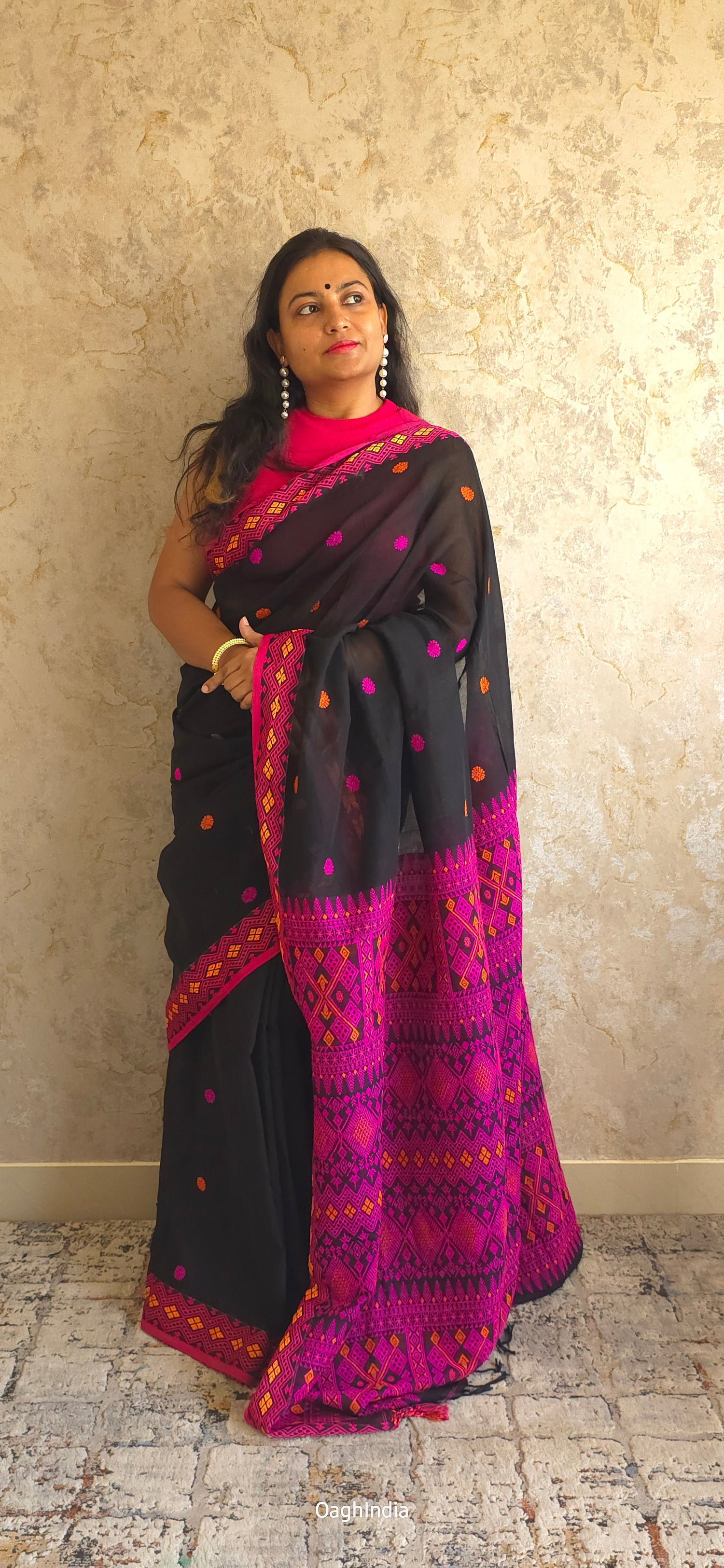 Mekhla Kopah : Pure Assamese handloom on mercerised cotton(Mekhla Chador Inspired) - Black/ Pink / Orange