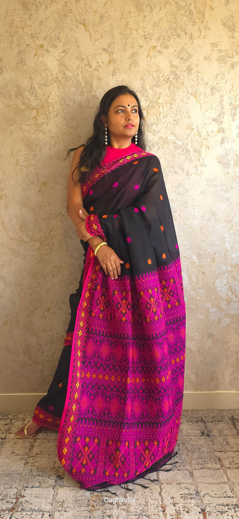 Mekhla Kopah : Pure Assamese handloom on mercerised cotton(Mekhla Chador Inspired) - Black/ Pink / Orange