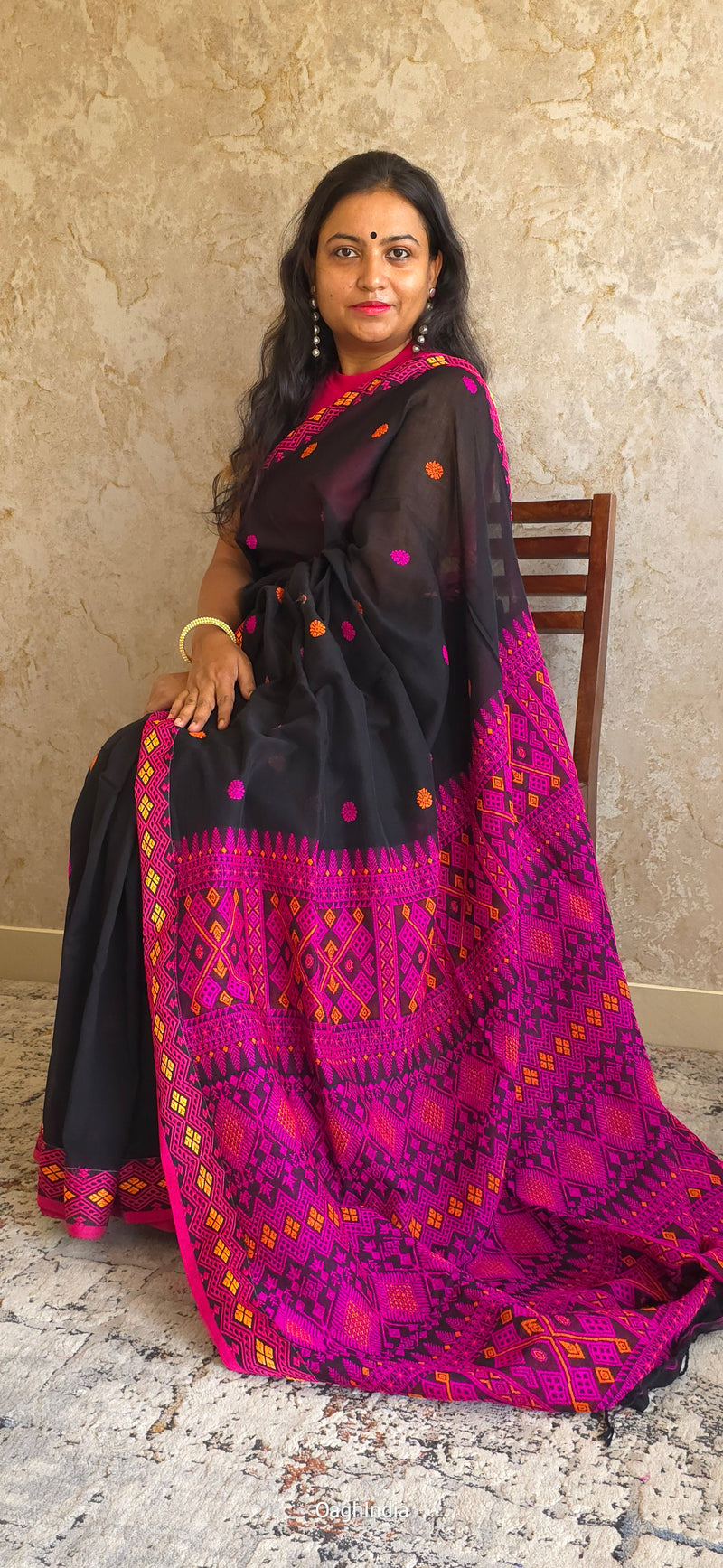 Mekhla Kopah : Pure Assamese handloom on mercerised cotton(Mekhla Chador Inspired) - Black/ Pink / Orange