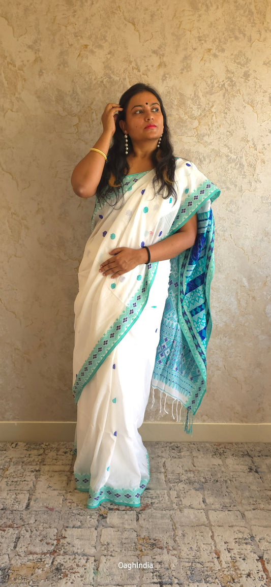 Mekhla Kopah : Pure Assamese handloom on mercerised cotton(Mekhla Chador Inspired) -  White/ Green/ Blue