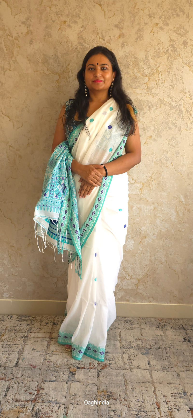 Mekhla Kopah : Pure Assamese handloom on mercerised cotton(Mekhla Chador Inspired) -  White/ Green/ Blue