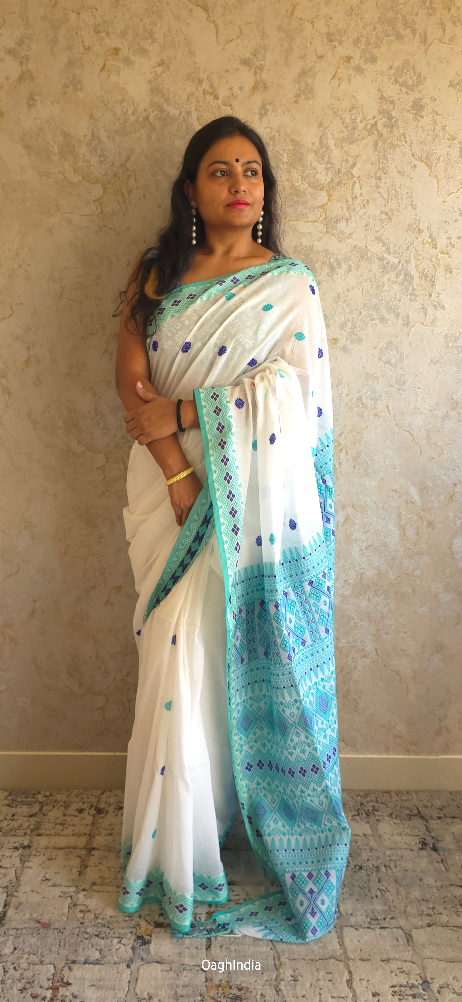 Mekhla Kopah : Pure Assamese handloom on mercerised cotton(Mekhla Chador Inspired) -  White/ Green/ Blue