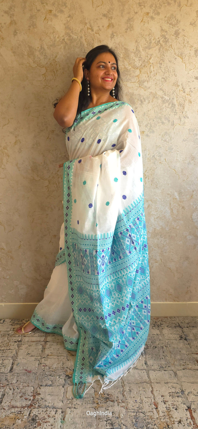 Mekhla Kopah : Pure Assamese handloom on mercerised cotton(Mekhla Chador Inspired) -  White/ Green/ Blue