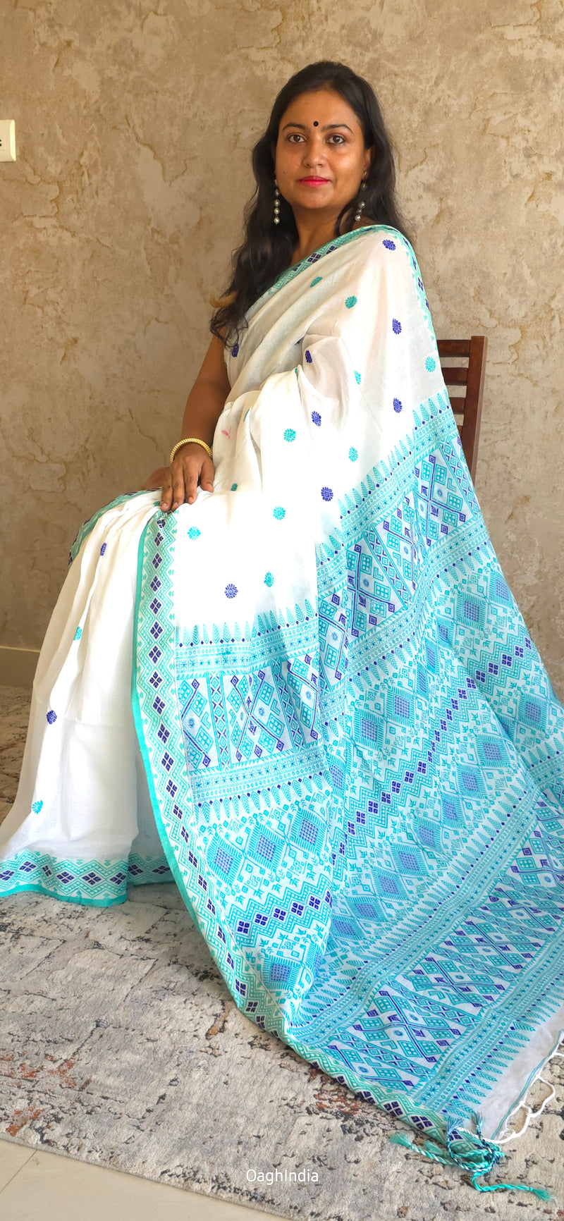 Mekhla Kopah : Pure Assamese handloom on mercerised cotton(Mekhla Chador Inspired) -  White/ Green/ Blue