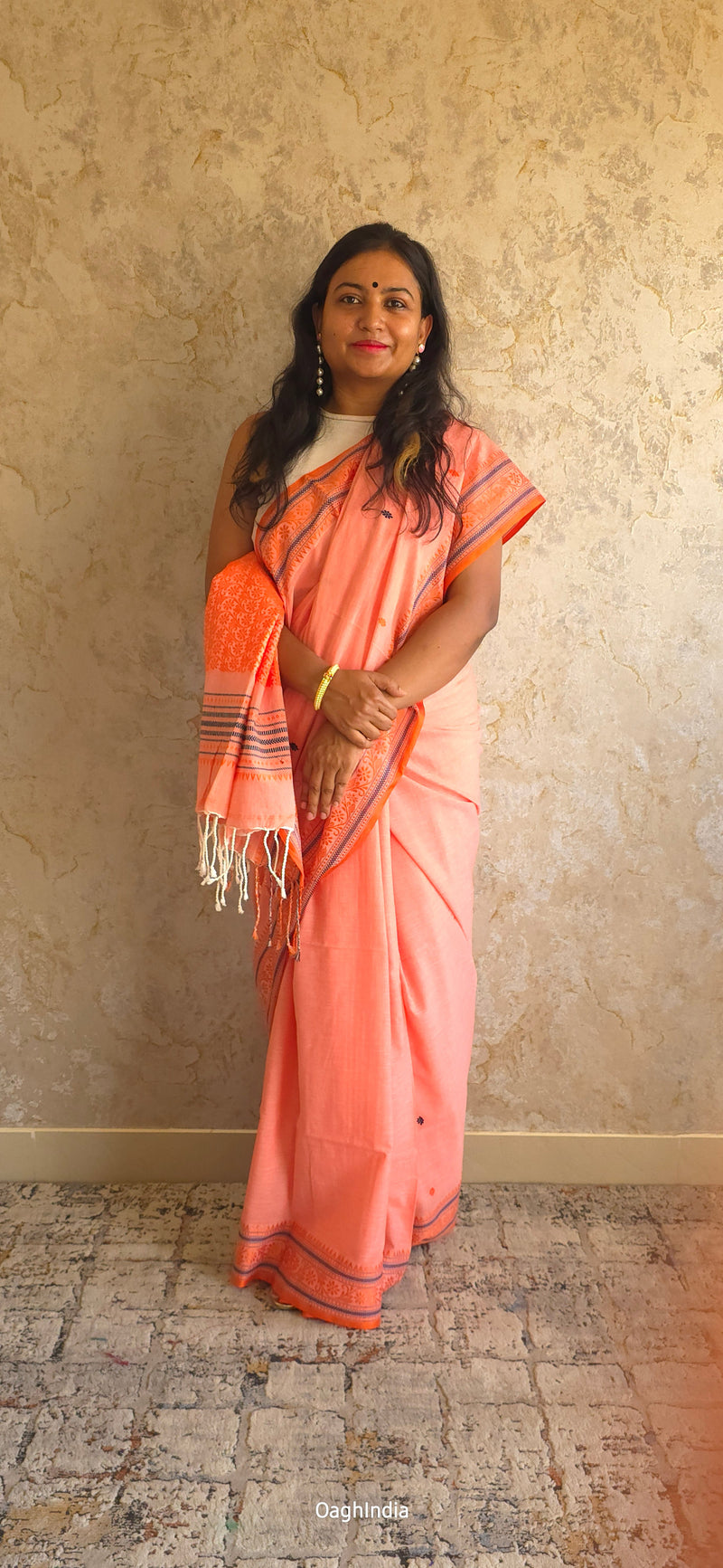 Shiuli Kopah : Pure Assamese handloom on mercerised cotton - Peach