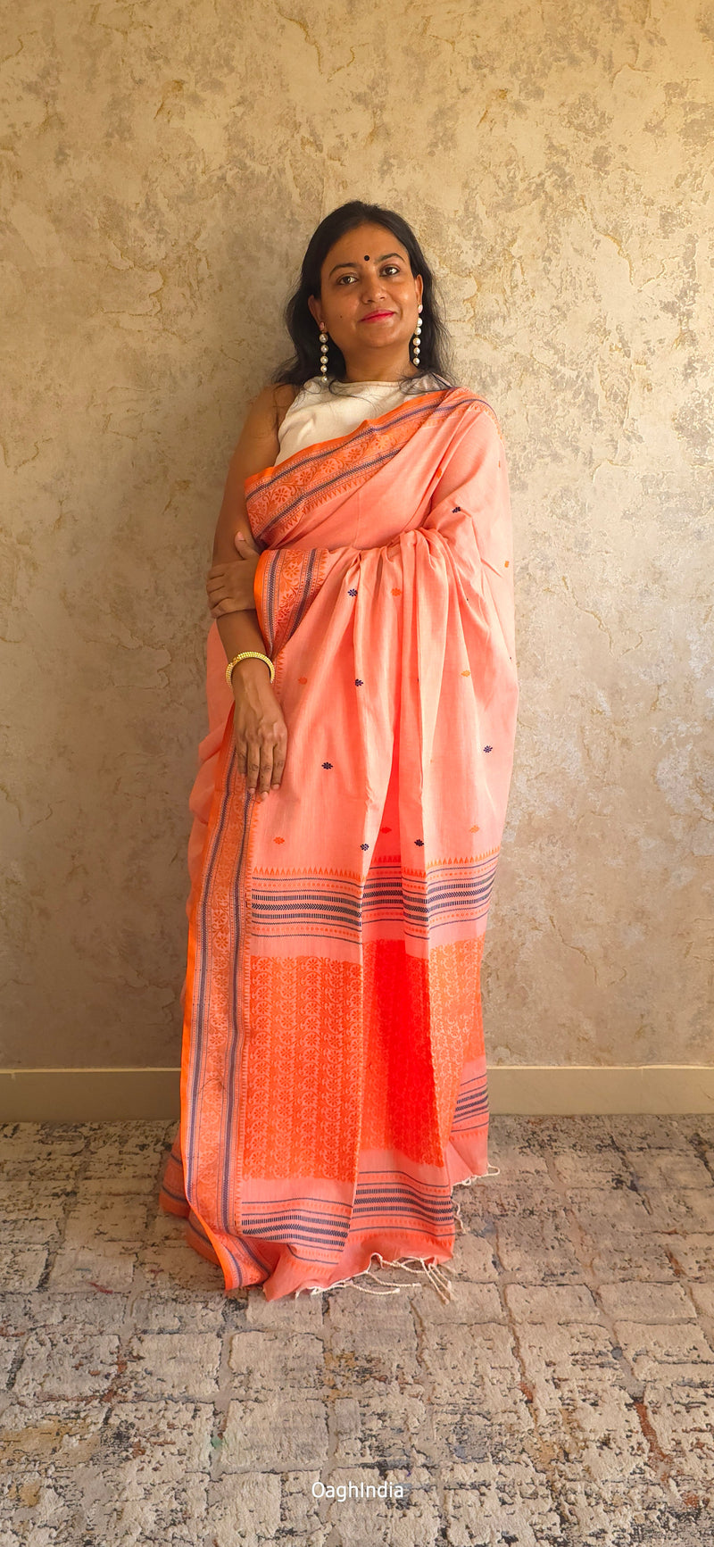 Shiuli Kopah : Pure Assamese handloom on mercerised cotton - Peach