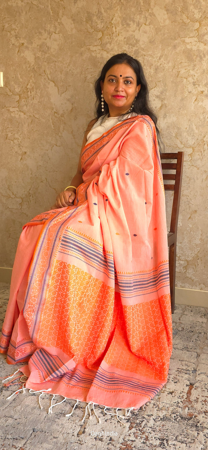 Shiuli Kopah : Pure Assamese handloom on mercerised cotton - Peach