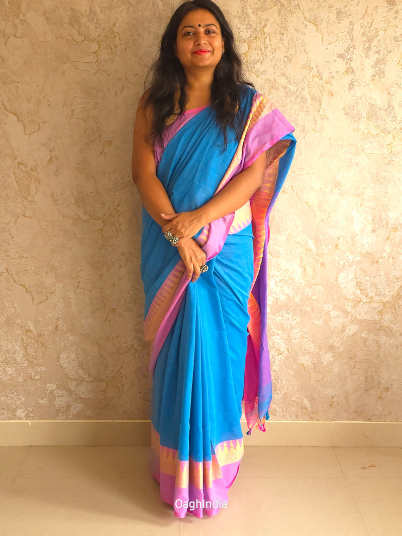 Popsicle : Beautiful Sky Blue khadi saree with pink temple border