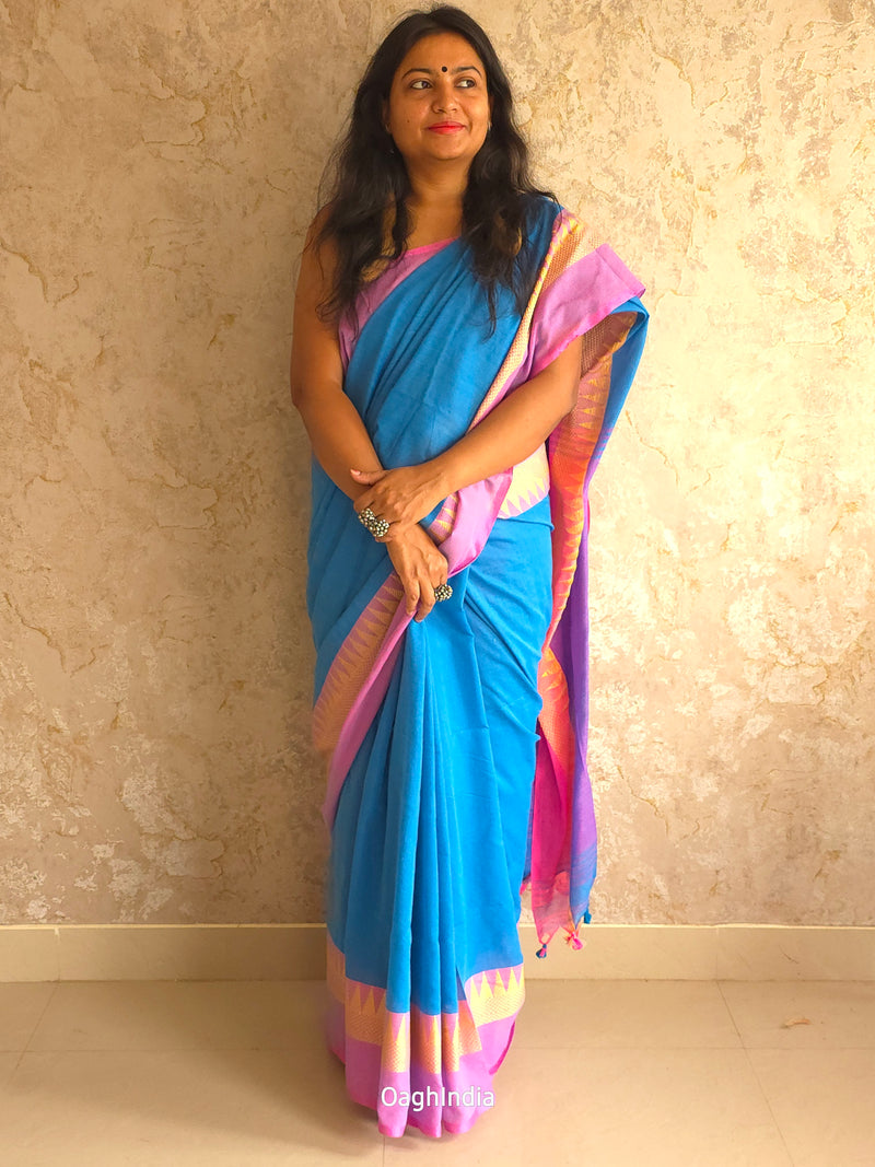 Popsicle : Beautiful Sky Blue khadi saree with pink temple border