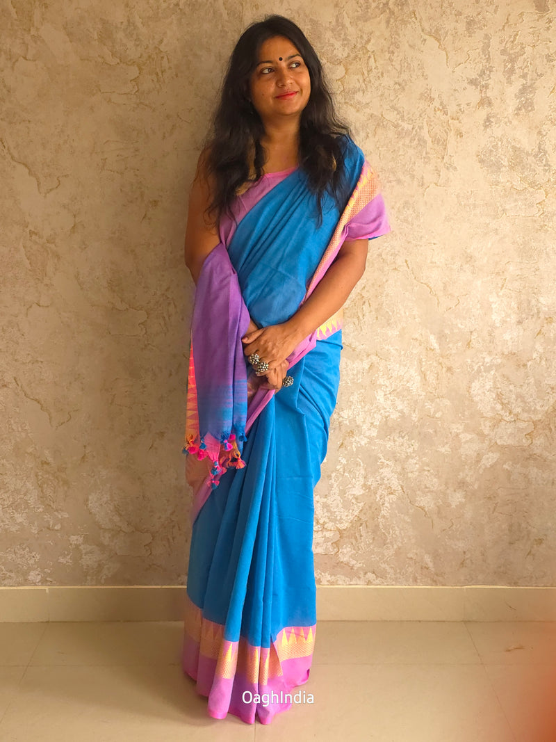 Popsicle : Beautiful Sky Blue khadi saree with pink temple border