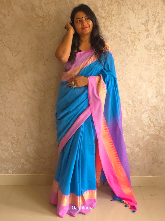 Popsicle : Beautiful Sky Blue khadi saree with pink temple border