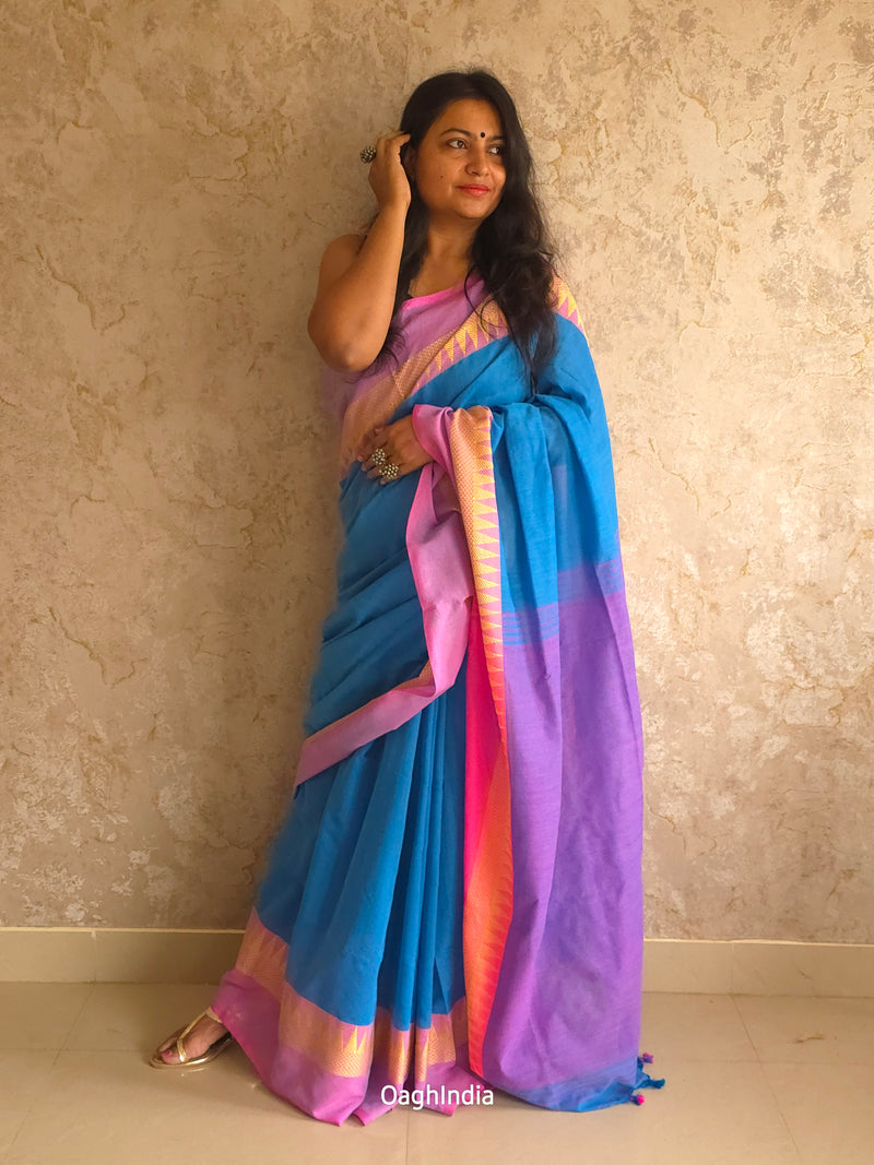 Popsicle : Beautiful Sky Blue khadi saree with pink temple border