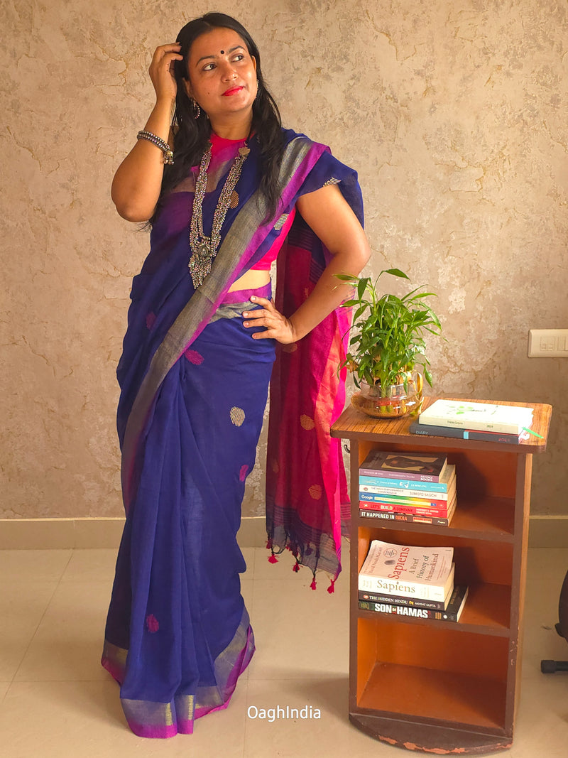 Candy : Beautiful Navy Blue Khadi saree with Magenta Pallu and Embroidered balls