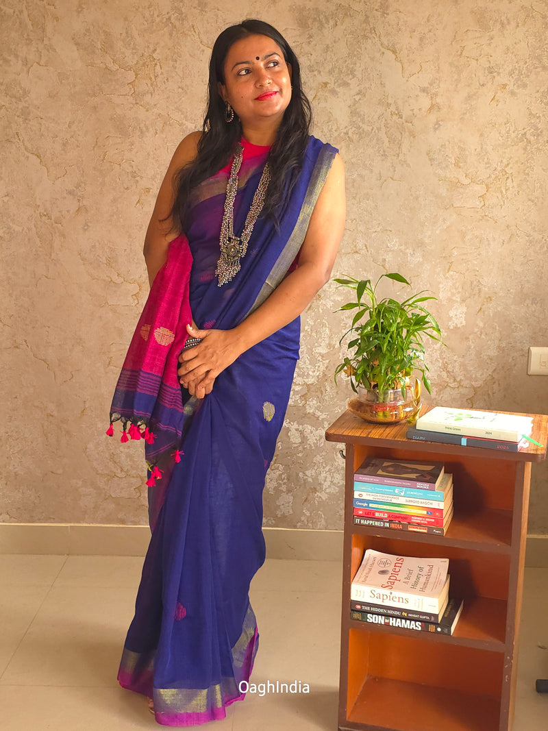 Candy : Beautiful Navy Blue Khadi saree with Magenta Pallu and Embroidered balls