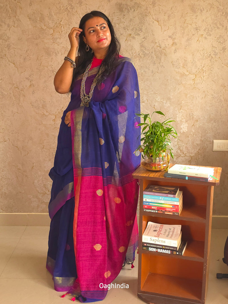 Candy : Beautiful Navy Blue Khadi saree with Magenta Pallu and Embroidered balls