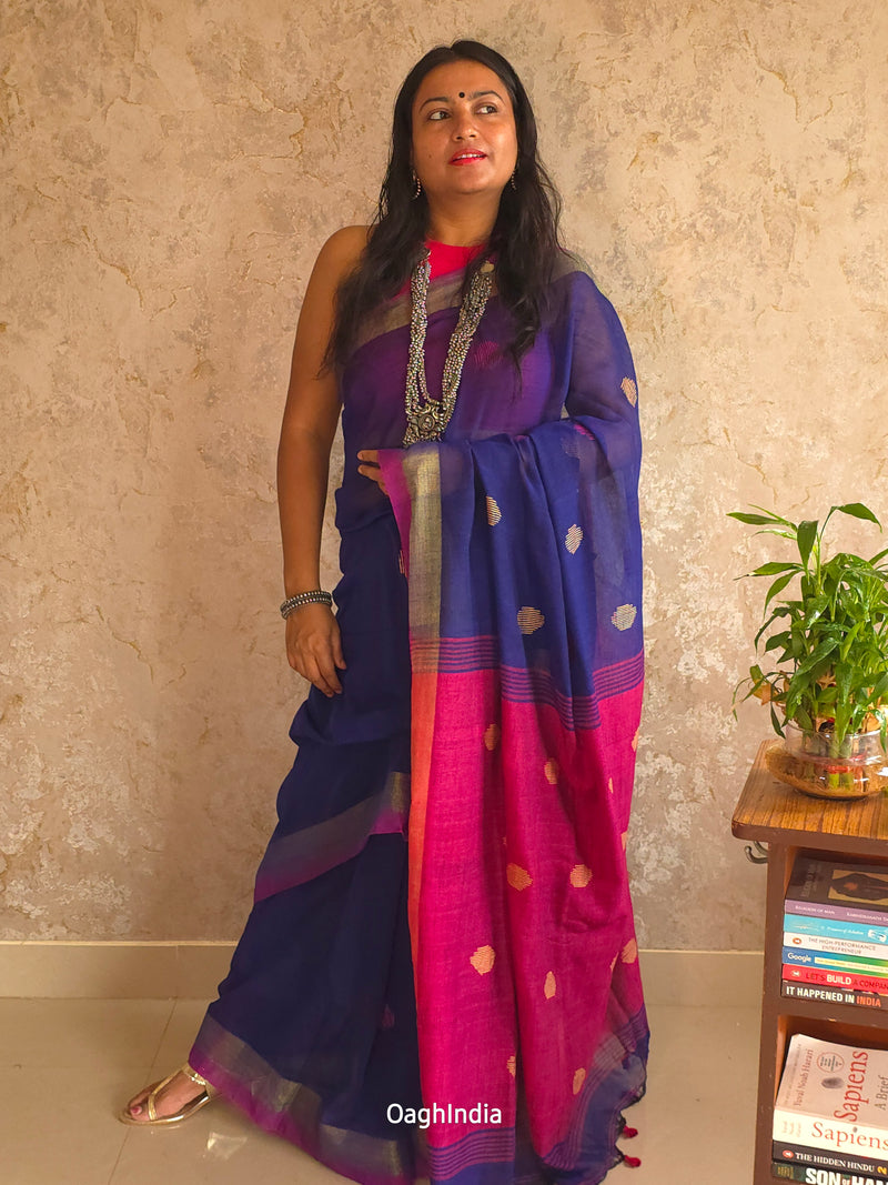 Candy : Beautiful Navy Blue Khadi saree with Magenta Pallu and Embroidered balls