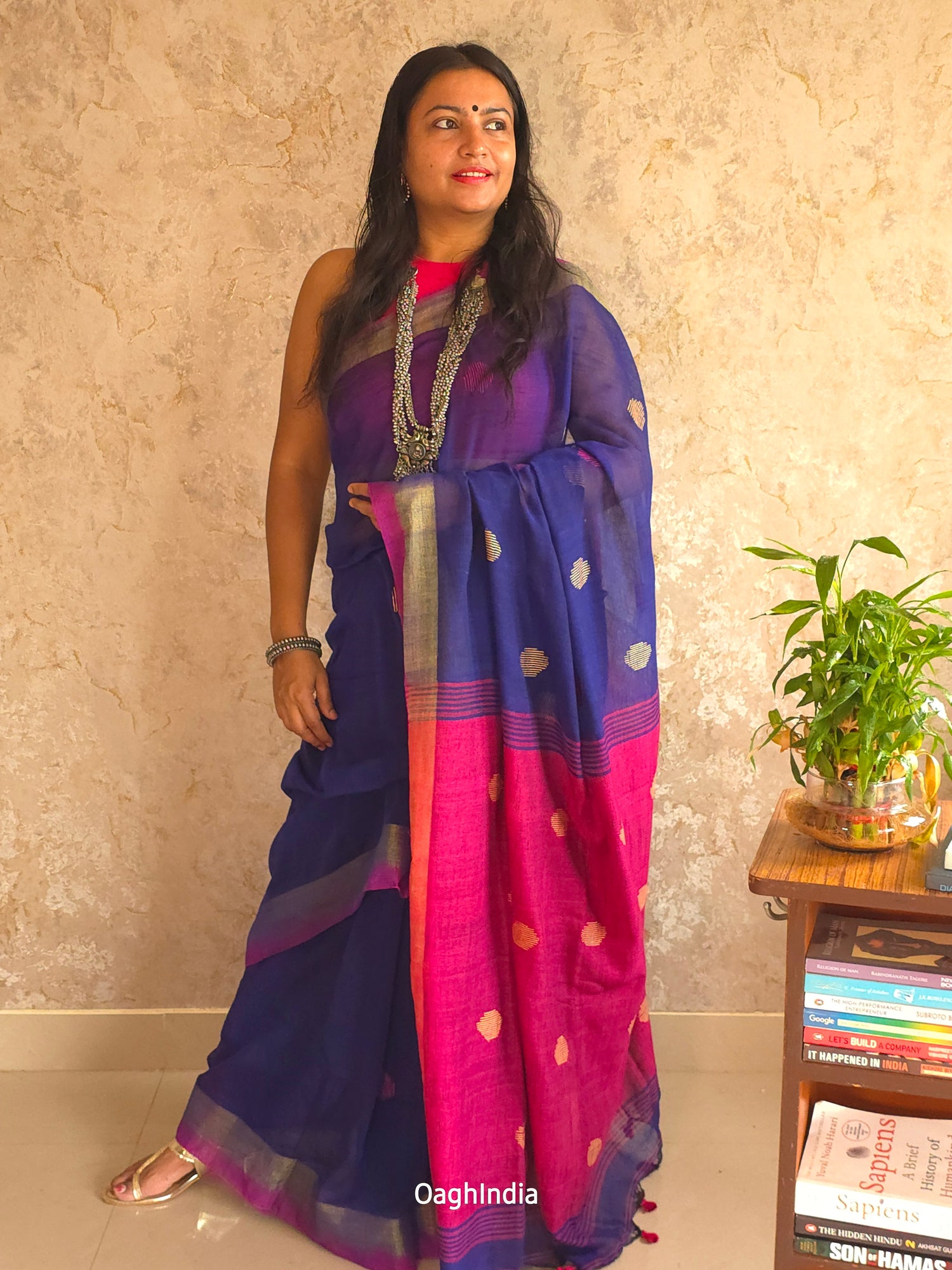 Candy : Beautiful Navy Blue Khadi saree with Magenta Pallu and Embroidered balls