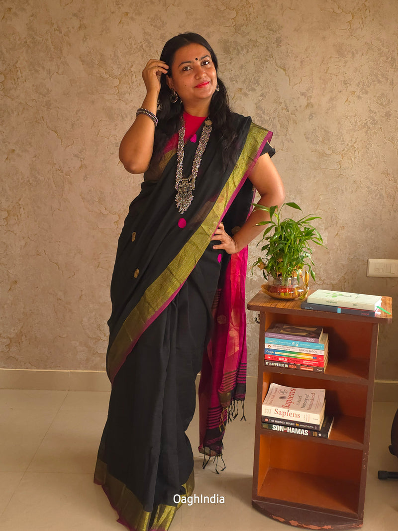 Candy : Beautiful Midnight Black Khadi saree with Rani Pink Pallu and Embroidered balls